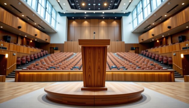 A polished wooden podium standing in an empty modern auditorium beneath soft architectural lighting