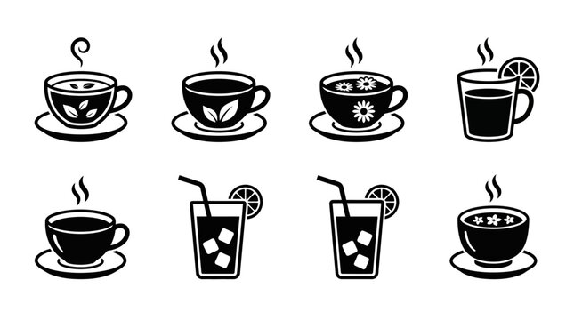 Premium monochrome flat vector icon set featuring six tea beverages: green tea, black tea, chamomile tea, lemon tea, iced tea, and jasmine tea.