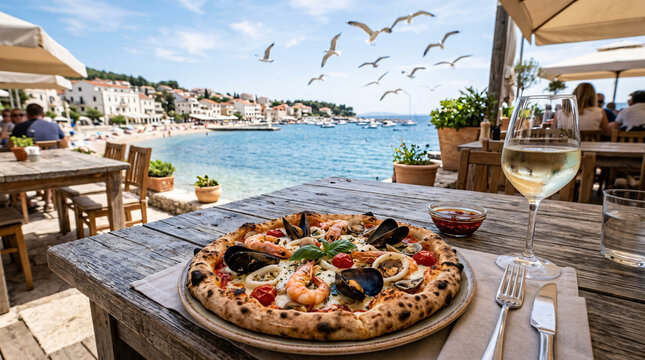 D&eacute;licieuse pizza aux fruits de mer servie sur une terrasse en bord de mer avec vue sur le village.