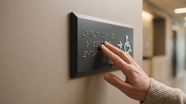 Braille Wall Plaque Reading person touching a tactile accessibility marker with a wheelchair symbol for inclusive design blogs public building signage guides