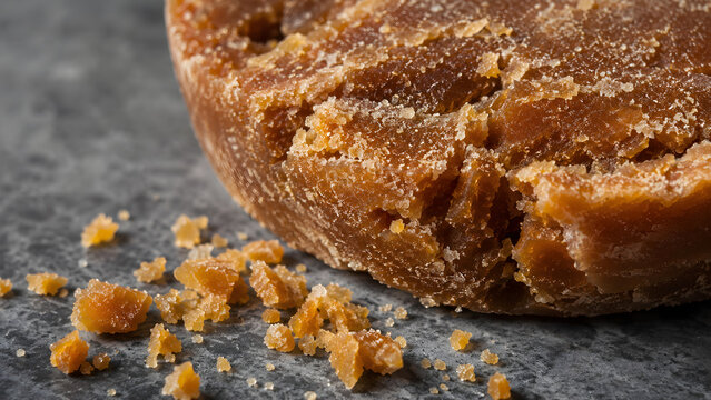 Macro view of organic palm sugar crumbles on dark stone surface