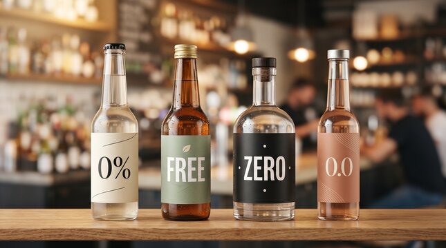 Assorted Zero Alcohol Label Bottles lined up on a wooden bar counter for mocktail menus tavern marketing materials teetotalism articles