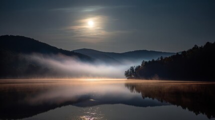 Obraz premium Serene Moonlit Landscape over a Calm Lake Wrapped in Misty Fog with Mountains in Background and Reflective Water Surface at Night
