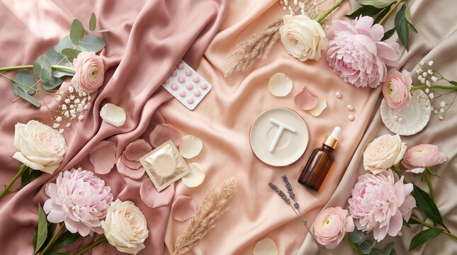 Floral Pink Pills And Condom flat lay composition featuring an intrauterine device and assorted prophylactics on draped fabric for feminine health blogs wellness flyers