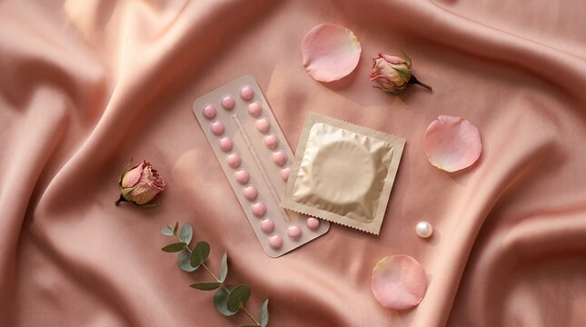 Satin Pink Pills And Condom blister pack of oral contraceptives and a wrapped prophylactic on draped cloth with flower buds for wellness magazines feminine care banners