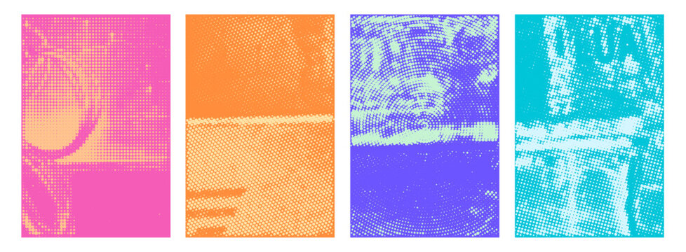 Colorful risograph print texture set with halftone overlay and grunge effect. Abstract screenprint texture for punk poster, branding, mixed media design, retro layout, urban collage, vector templates