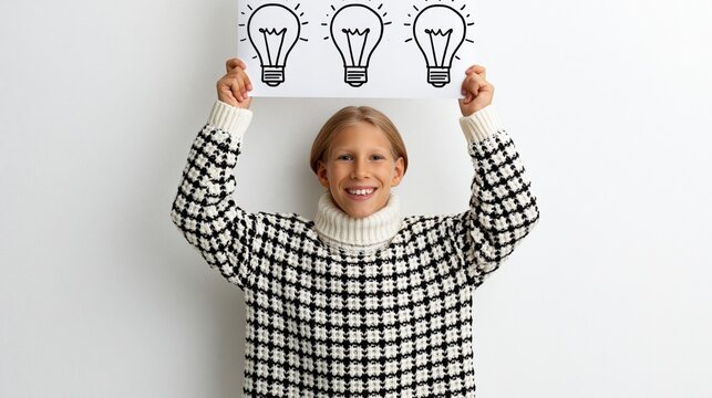 Young boy holding idea sign above head in white studio
