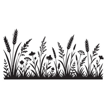 Wild Grass Meadow Flower Border Silhouette Vector Isolated on White Background