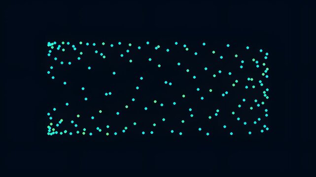 Glowing cyan dotted lines in rotating helix patterns on dark background. Ideal for technology, science, abstract design projects.