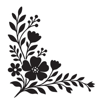 Floral Botanical Corner Border Silhouette Vector Decorative Leaf Frame Isolated on White