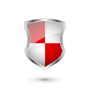 Glossy shield with red and black pattern. Security and protection concept. Cyber safety icons, internet privacy, web defense, digital data protection and antivirus themes. Vector illustration