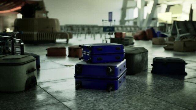 Blue suitcases stacked on tiled floor, dimly lit terminal background with scattered baggage and worn handles, travel stickers and scuffed shells, quiet