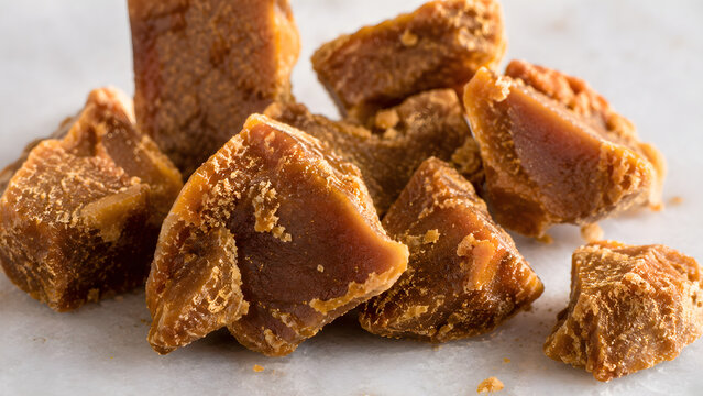 Macro shot of organic brown palm sugar chunks on white surface