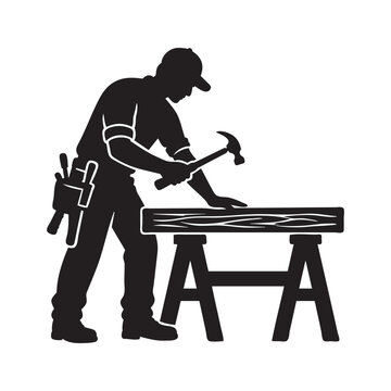 Carpenter Working with Hammer on Wooden Board Silhouette Vector Isolated on White Background