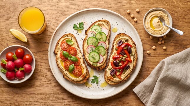 Chickpea spread on toast garnished with fresh cucumber and tomato slices accompanied by juice applicable for morning breakfast menus or culinary magazines