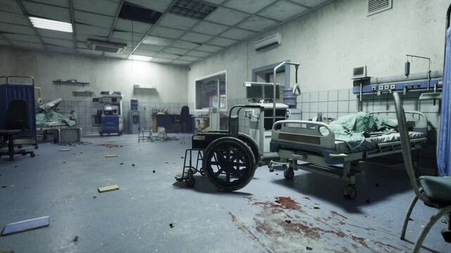 deserted clinical treatment area with overturned chair and scattered supplies, dim fluorescent ceiling panels, rows of empty beds and curtained bays, floor
