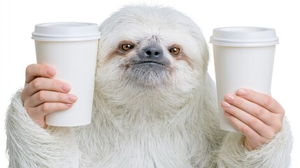 Fototapeta premium Sloth holding two takeaway cups on white studio backdrop