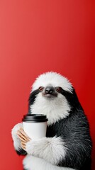 Fototapeta premium Young sloth holding paper cup on red background