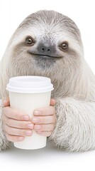 Fototapeta premium Closeup sloth holding beverage cup with human hands on white