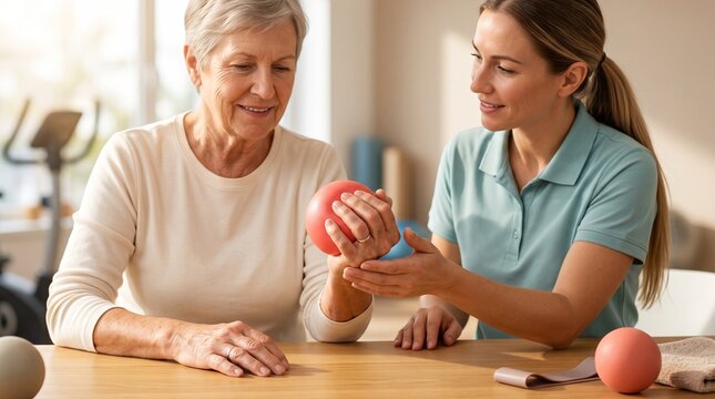 Patient learning hand exercises with physical therapist using pink stress ball improving mobility designed for rehabilitation centers and geriatric care sites