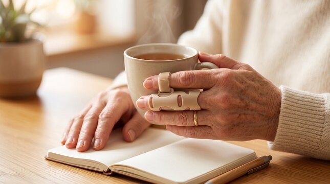 Patient using finger splint holding warm tea mug reading book at wooden table applicable for chronic pain management concepts and disabled lifestyle ads