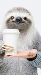 Fototapeta premium Sloth holding coffee cup on human hand in studio setting