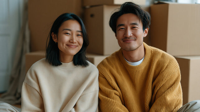 Kazakh couple sitting on the floor of a half-unpacked apartment, laughing helplessly over something small, moving boxes stacked around them, the specific joy of an absurd moment