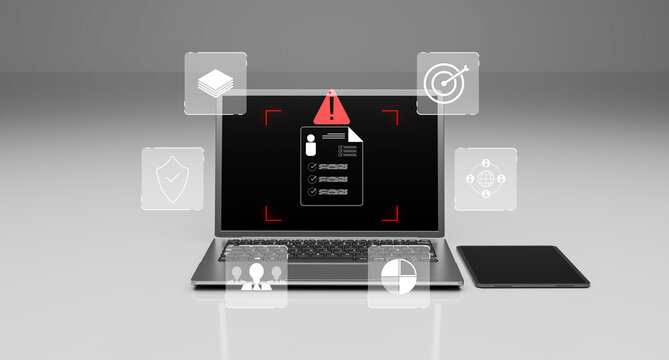 Digital compliance checklist concept reviewing online documents on laptop, audit management, cybersecurity standards, risk assessment, data protection, and corporate governance.