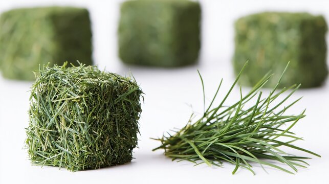 Cubes of compressed grass and loose blades on white surface