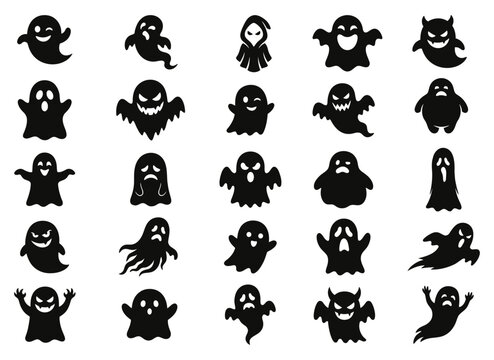 Collection of black halloween ghost silhouettes on a white background spooky and playful vector illustrations