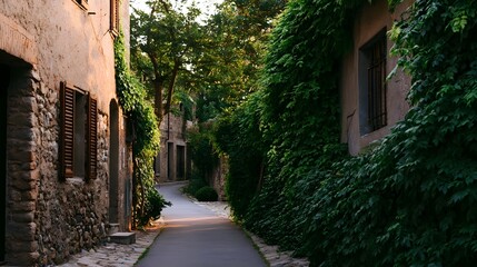 Obraz premium Charming street scene in an old European village featuring ivy covered walls and wooden shutters bathed in soft evening light