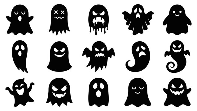 Collection of spooky black ghost silhouettes for halloween vector illustration on a white background