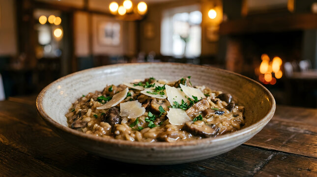 Delicious gourmet mushroom and herb risotto dish on wooden table near fireplace
