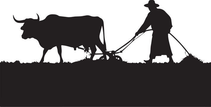 Silhouette of a farmer plowing a field