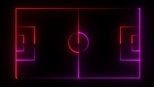 Animation of neon sports stadium on black background with neon lights match football isometric field video animation, Soccer field stadium or football lawn with panoramic.4K video animation .