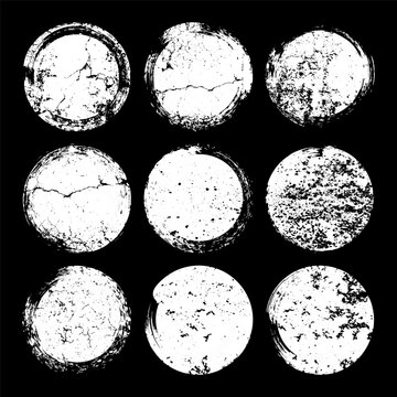 Grunge circles with stains and scratches. Circle brush stroke, round shape design element. Distressed dirty text frame, border, sticker or label. Paintbrush, ink stains. Vector illustration