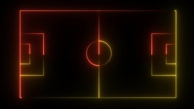 Animation of neon sports stadium on black background with neon lights match football isometric field video animation, Soccer field stadium or football lawn with panoramic.4K video animation .
