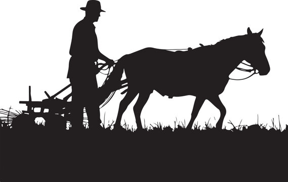 Silhouette of a farmer plowing a field with a horse