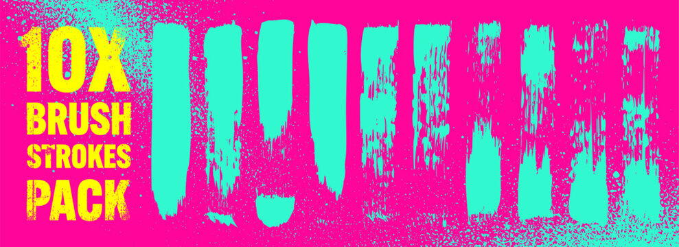 Grunge neon brush strokes, lines, ink smudges, hand-drawn scribble shapes. Handmade sketchy marks, stains, charcoal streaks. Paint textures, dry brush effect. Marker underline. Vector illustration