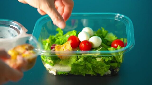 Prepare lunch chicken salad for work in plastic containers. Healthy food. Potato