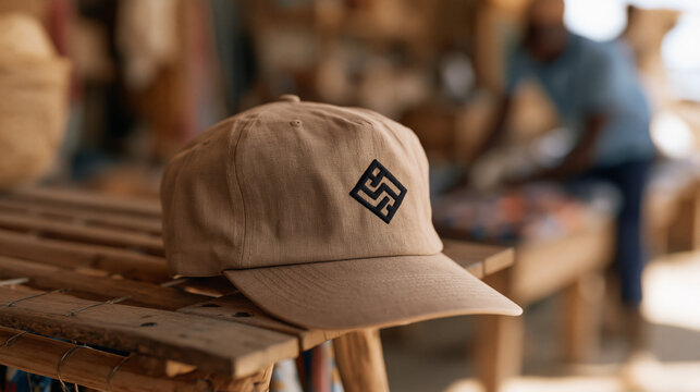 Hat cap logo mockup displayed on a rustic wooden rack inside a sun-drenched general store, extreme close up macro detail of stitched embroidery against worn canvas, a solitary
