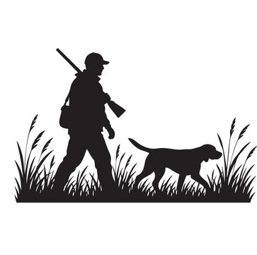 Hunter Walking with Hunting Dog in Tall Grass Silhouette Vector Isolated on White Background