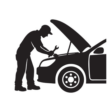 Auto Mechanic Repairing Car Engine Silhouette Vector Isolated on White Background