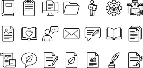Document and content creation line icon set featuring business contracts data folders open books envelopes and publishing tools © MstHusna