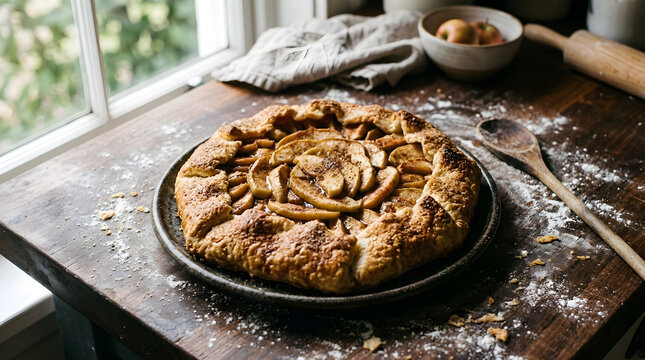 Delicious freshly baked apple pie on rustic wooden table with powdered sugar.