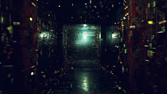 dark server corridor bathed in teal, floating data fragments, tangled cables, flickering LED panels, reflective wet floor, immersive cyberpunk atmosphere