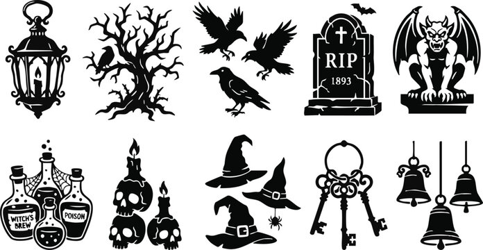 Halloween silhouette icons set black and white vector graphics