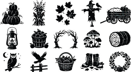 Naklejka premium Black and white autumn icons set including pumpkins scarecrow leaves and more