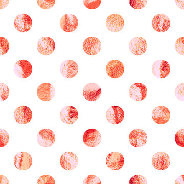 Rose gold foil seamless texture, shiny handmade circles. Golden glittering pattern. Shining hand drawn background. Wedding, greeting card decoration. Modern minimalist art. Vector illustration
