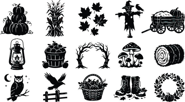 Black and white autumn icons set including pumpkins scarecrow leaves and more